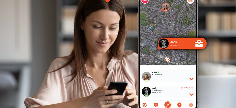 A woman checking the Device Tracker Plus app, which shows her partner has just left work