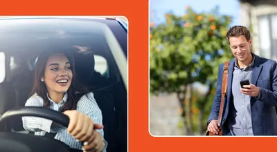 A happy woman driving, and a happy man looking at his phone walking in the street.