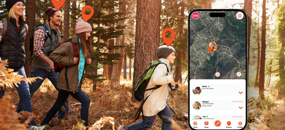 A family hiking through a forest, with the Device Tracker Plus app showing each member's live location on a map