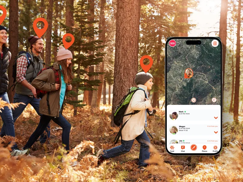 A family hiking through a forest, with the Device Tracker Plus app showing each member's live location on a map