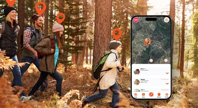 A family hiking through a forest, with the Device Tracker Plus app showing each member's live location on a map