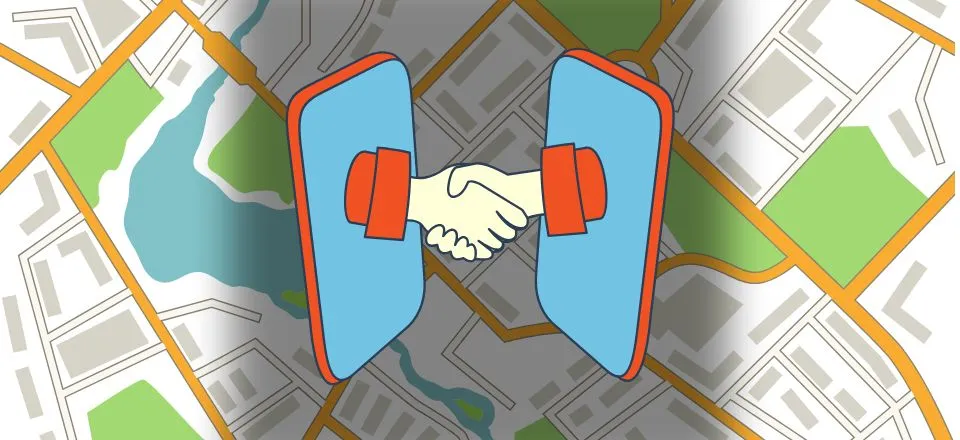 Two phones sharing a handshake over a map background