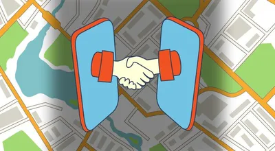 Two phones sharing a handshake over a map background