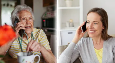 An elderly mother and daughter share a phone call from their different homes
