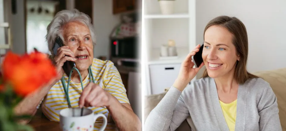 An elderly mother and daughter share a phone call from their different homes